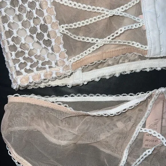 Victoria's Secret HIGH-NECK 34D BRA SET+M panty BEIGE white embroidered APPLIQUE